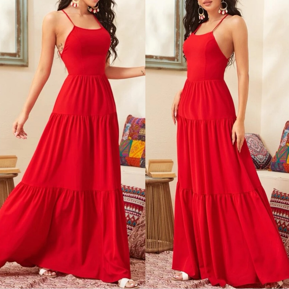 Boho Criss Cross Lace up Back Ruffle Maxi Dress - Picture 5 of 5